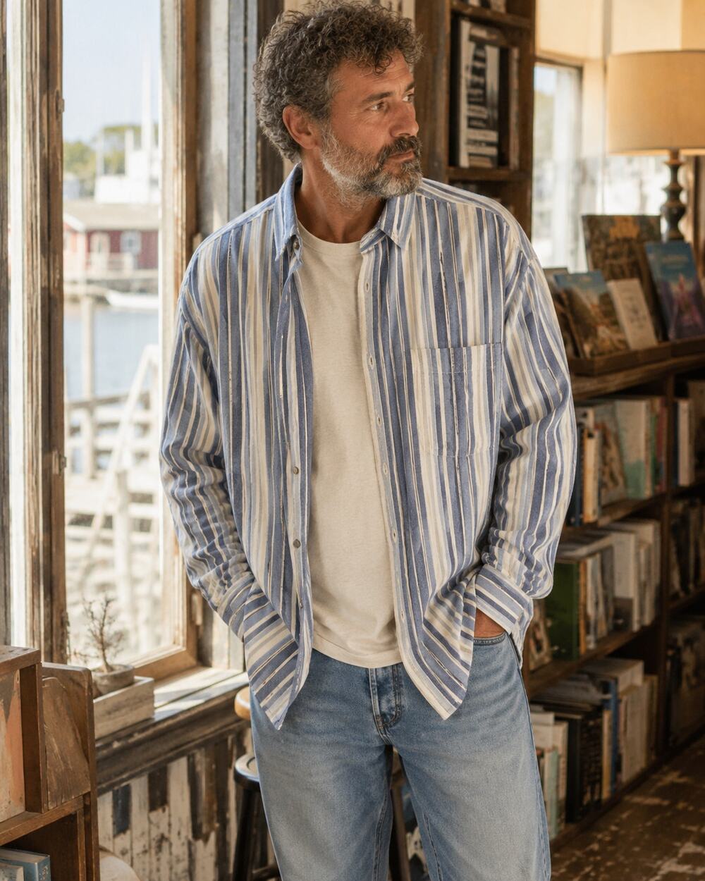 Vintage 90s Mens Large Blue Striped Cotton Button Down Shirt Coastal Grandpa
